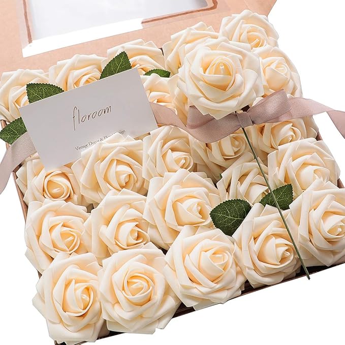 Floroom Artificial Flowers 25pcs Real Looking Champagne Foam Fake Roses by Floroom