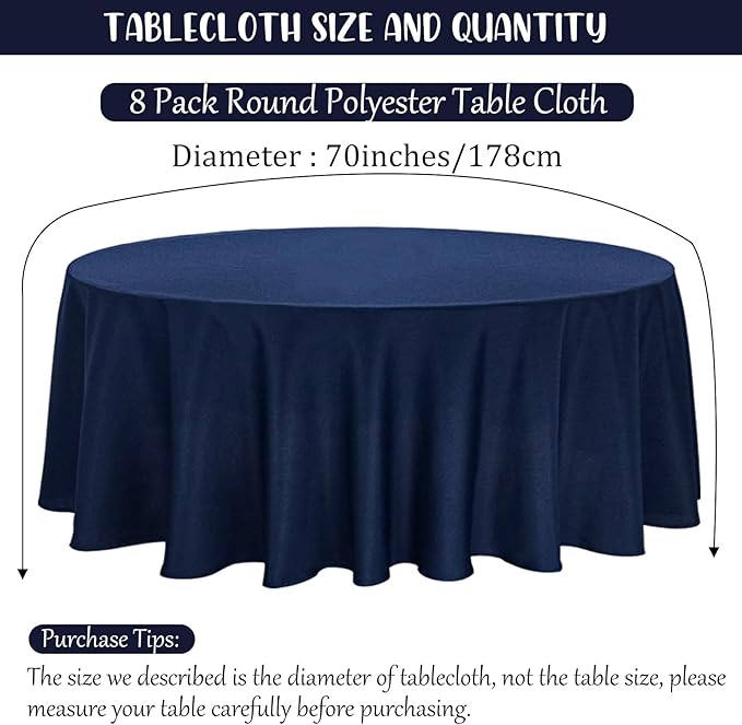 8 Pack Round Tablecloth 70 Inch Round Table Covers Bulk Washable Polyester - Image 2