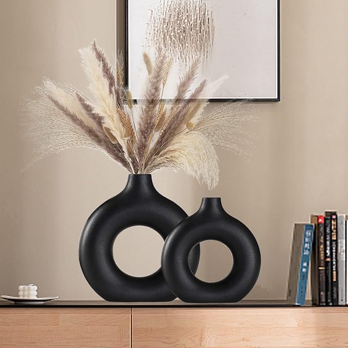 Black Ceramic Vase for Modern Home Decor, Round Matte Pampas Flower Vases - Image 3