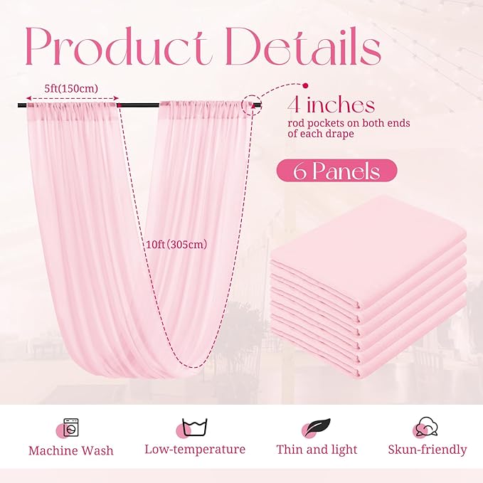 6 Panels Pink Ceiling Drapes for Wedding, 5ftx10ft Ceiling Drapes Cheesecloth - Image 2