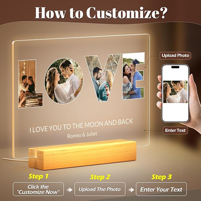 Custom Picture Frames with Photo, Personalized LOVE Photo Frame with Night Light - Image 2