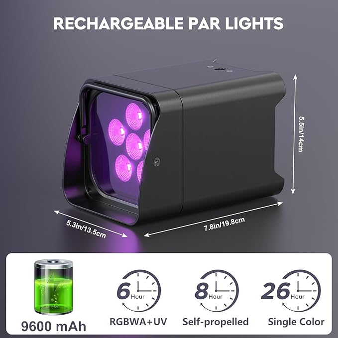 9600mAh Wireless Uplights, 6x18W RGBWA UV Stage Lights, APP/DMX512 Controlled - Image 4
