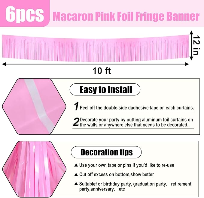6 Pack 10 Feet Macaron Pink Foil Fringe Garland Metallic Tinsel Streamers - Image 2