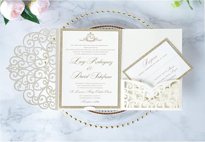 ponatia 5.12 x 7.2 Ivory Laser Cut Wedding Invitations, Trifold Laser Cut - Image 2