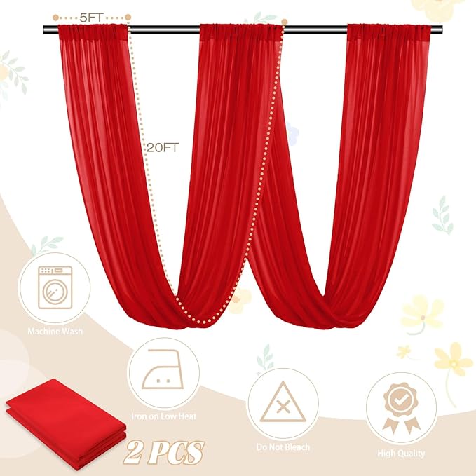FUHSY Red Ceiling Drapes for Wedding Ceiling Drapes 5FTx20FT 2 Panels Sheer - Image 3