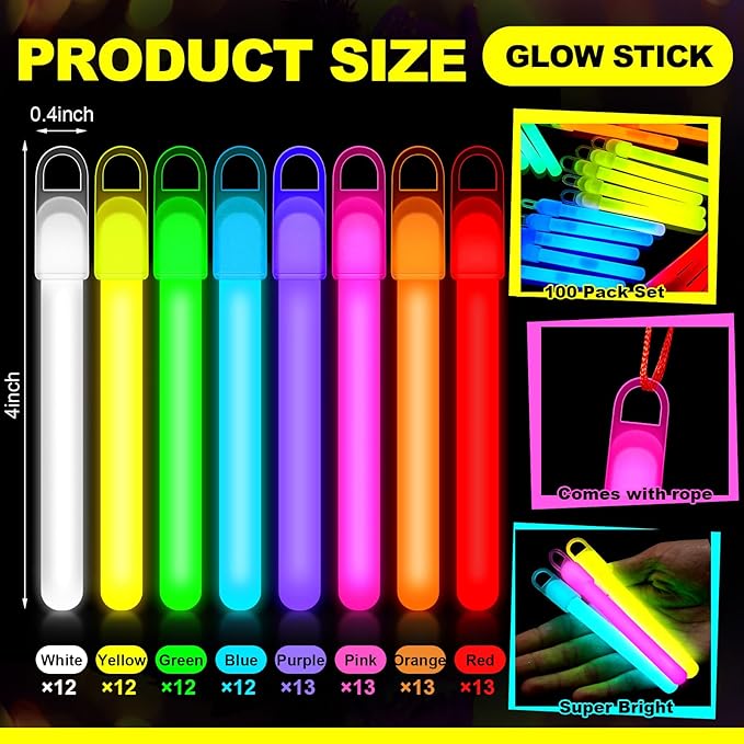Lewtemi 4" or 6" 100 Pack Bright Glow Sticks Bulk, Glow in The Dark Party - Image 2