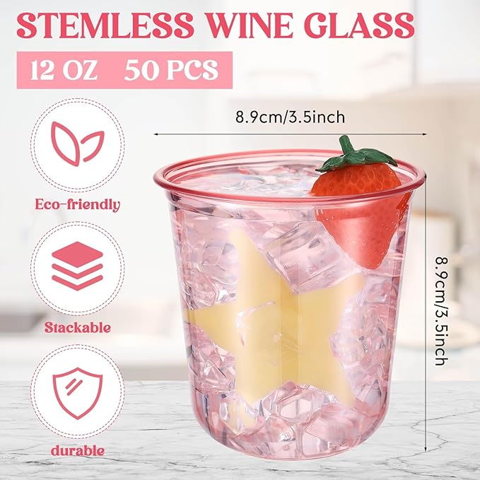 50 Pcs Disposable Stemless Glasses 12oz Crystal Plastic Wine Glasses Clear - Image 3