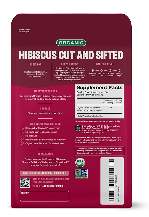 FGO Organic Hibiscus Flowers, Cut and Sifted, Loose Tea, 8oz Resealable Bag - Image 2