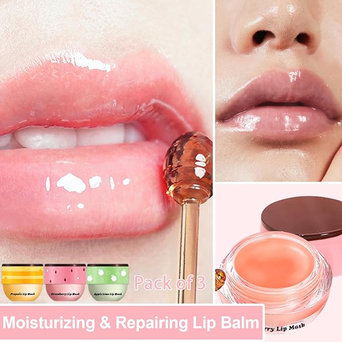3 PCS Bee Lip Balm Lip Mask Honey Pot, Watermelon & Cherry & Coconut Lip Mask - Image 3