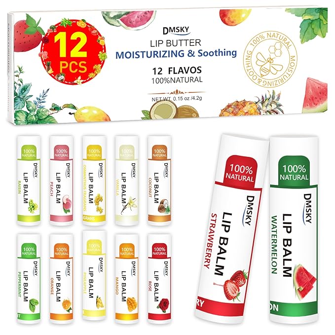 DMSKY 12 Pack Lip Balm, Natural Lip Balm Bulk by DMSKY