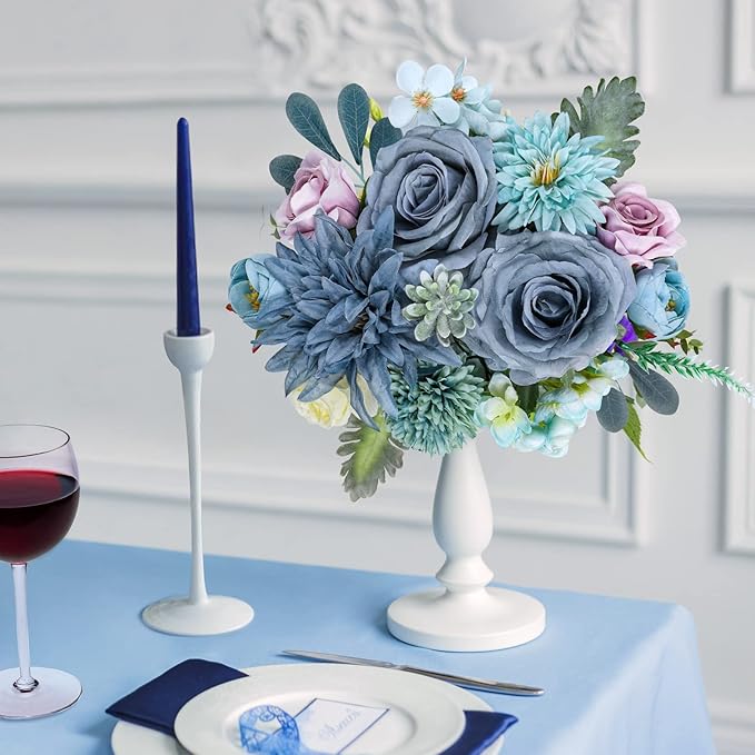 AmyHomie Blue Artificial Flowers Combo Silk Mix Peony Rose Hydrangea Fake - Image 3