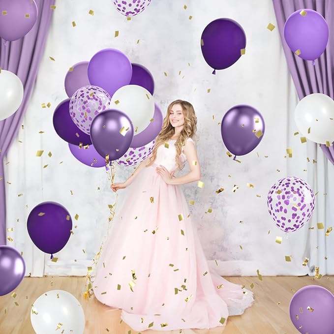 FunHot 60 Pcs Purple Balloons, 12 Inch Metallic Purple Confetti Balloons - Image 4