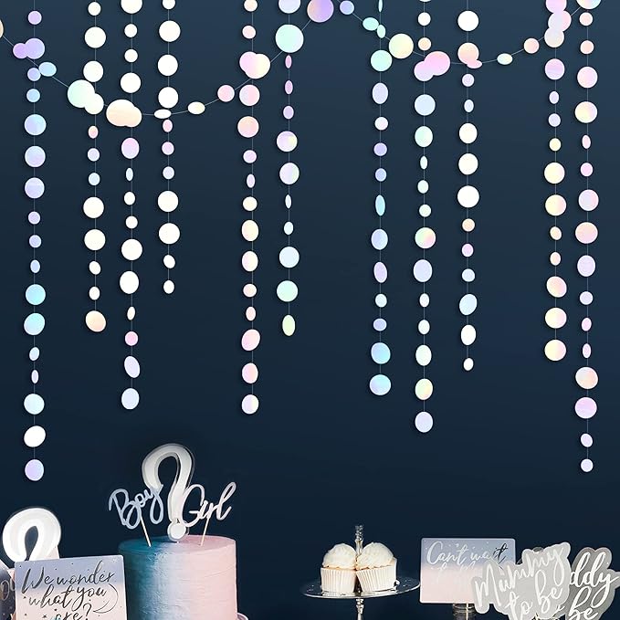 46 Ft White Iridescent Circle Dots Garland Hanging Holographic Polka Dots - Image 4
