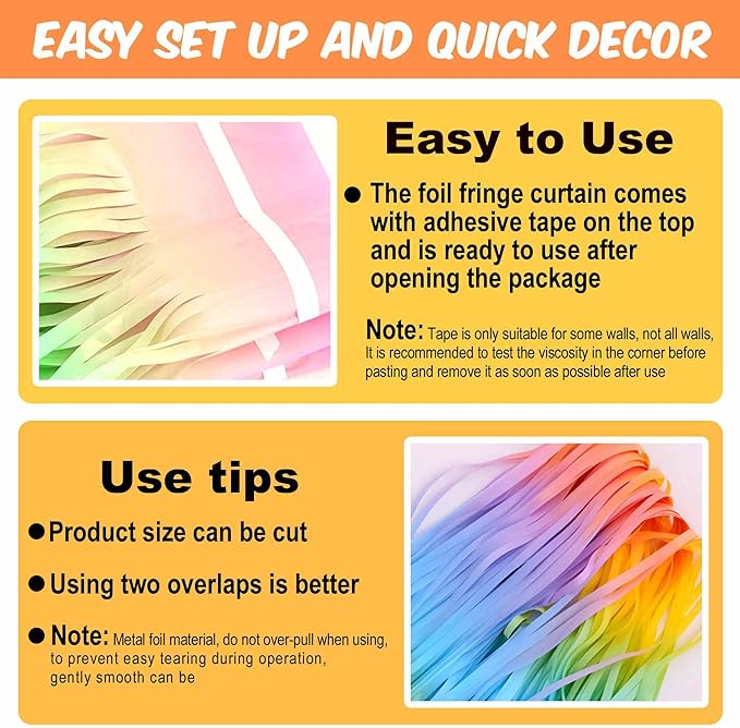 6 Pack Light Rainbow Foil Fringe Curtains Backdrop, 3.28 x 8.2 Ft Metallic - Image 3