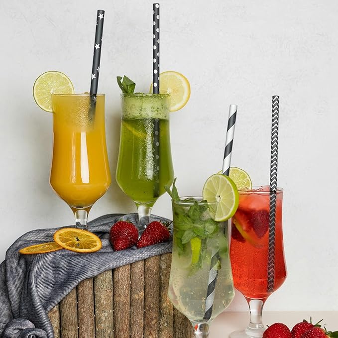 200 Black Straws, Biodegradable Black and White Paper Striped Straws - Image 5