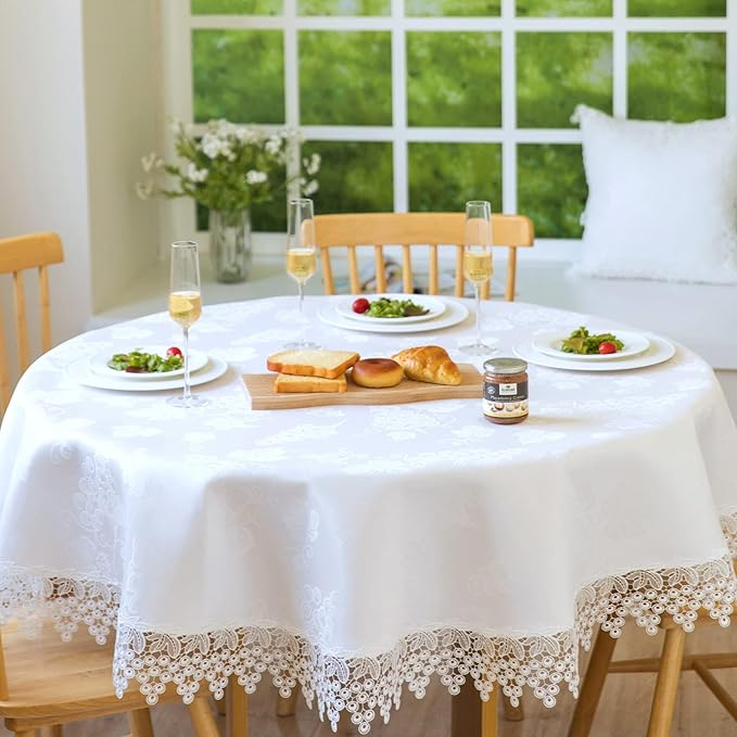 White lace Premium Round Farmhouse Table Runner Waterproof OilProof SpillProof by BrekSdat
