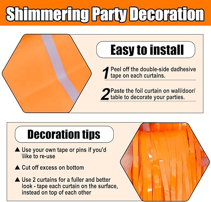 6 Pack Macaron Orange Foil Fringe Curtain Backdrop, 3.28Ft x 8.2Ft Metallic - Image 3