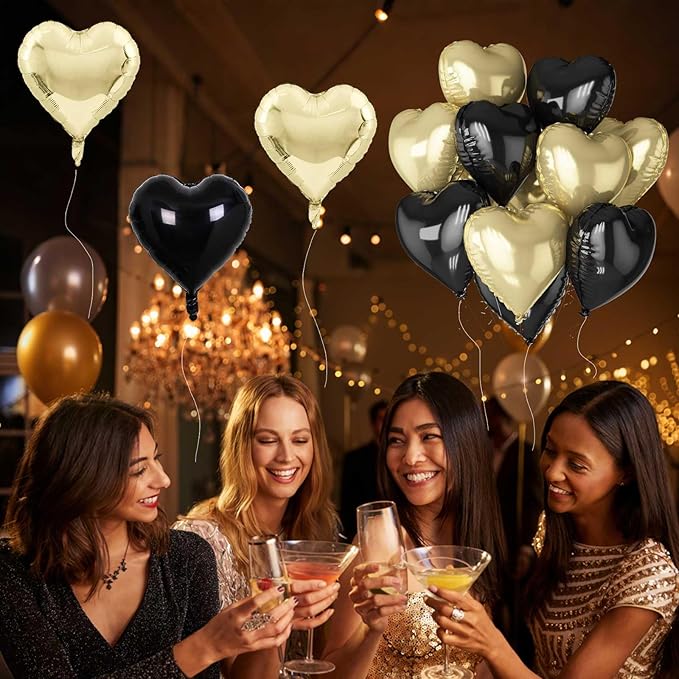Black Gold Foil Heart Balloons, 18 Inch 10 Pcs Light Gold and Black Heart Shape - Image 5