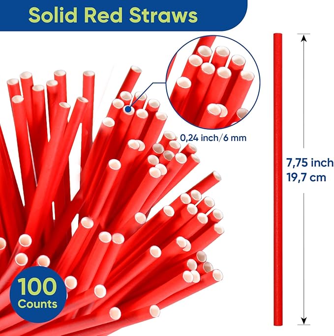 Disposable 7.75 inch Solid Red Paper Straws 100 Counts - Image 3