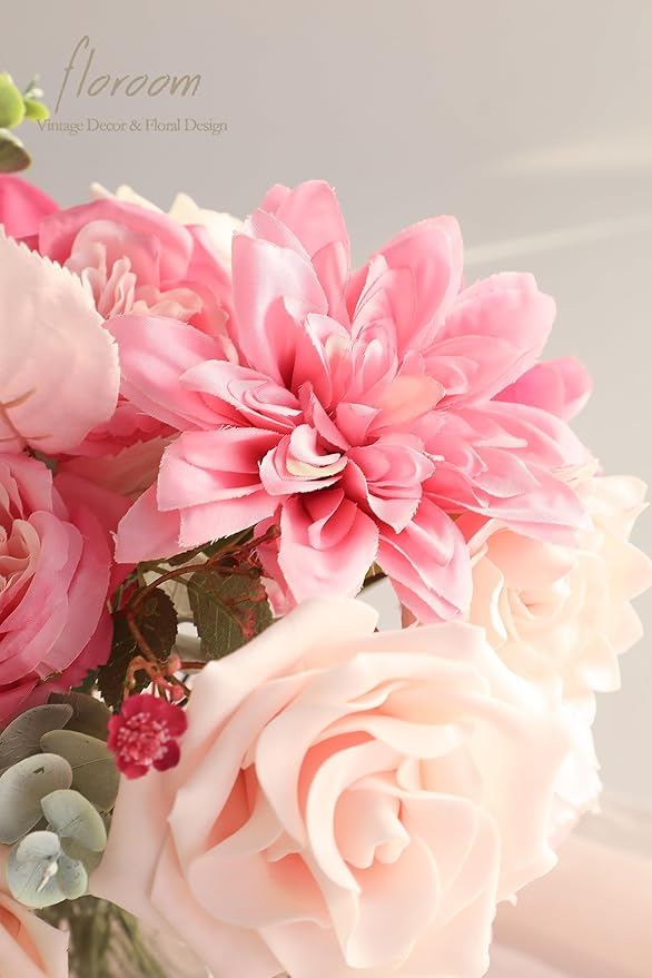 Floroom Hot Pink Blush Artificial Flowers Fake Roses Peonies Dahlias and - Image 3