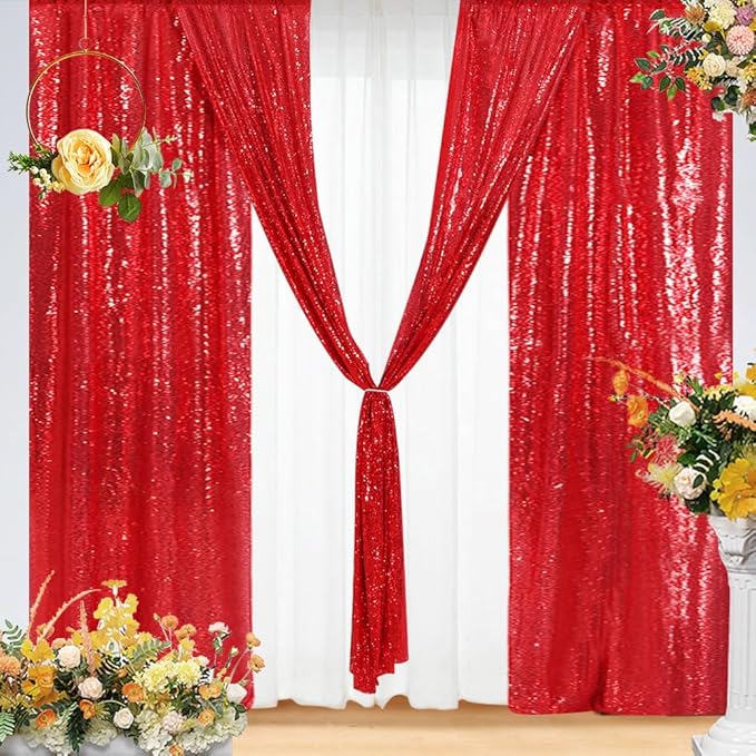 Eternal Beauty Red Sequin Backdrop Curtains, Shimmer Back Drop 4Panels-2FTx8FT - Image 6