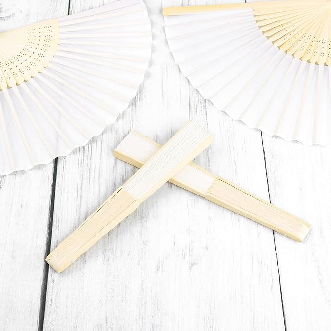 URATOT 48 Pieces White Folding Fans Silk Bamboo Folding Fans Handheld Fan - Image 5