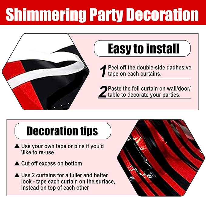 6 Pack Black Red Foil Fringe Curtain Backdrop, 3.28Ft x 8.2Ft Metallic Tinsel - Image 3