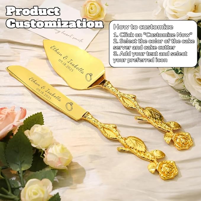 Engraved Personalized Gold Wedding Cake Knife and Server Set - Image 3