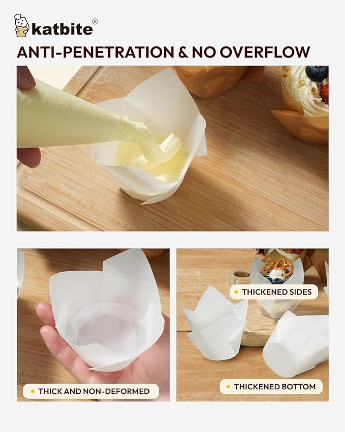Katbite Tulip Cupcake Liners 200PCS, Muffin Baking Cups ProSmooth White - Image 3