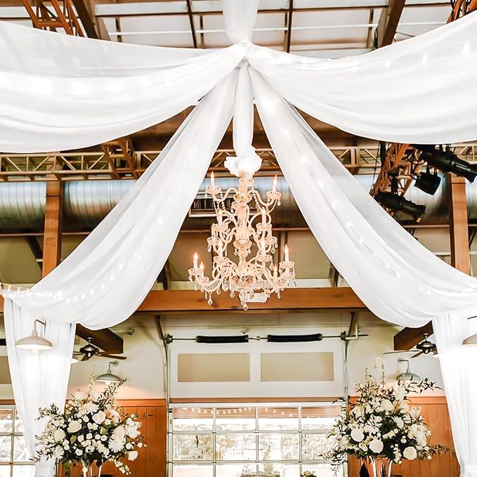 4 Panels White Ceiling Drapes for Wedding 5ftx30ft Sheer Drapery Chiffon Fabric by REWOMC