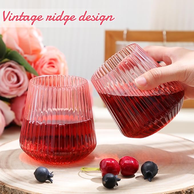 Suclain 50 Pcs Plastic Wine Glasses Pink Ribbed Stemless Wine 14oz Vertical - Image 2