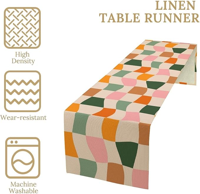 Hippie Table Runner, Vintage Geometric Square Orange Green Pink Grid 60s 70s - Image 5