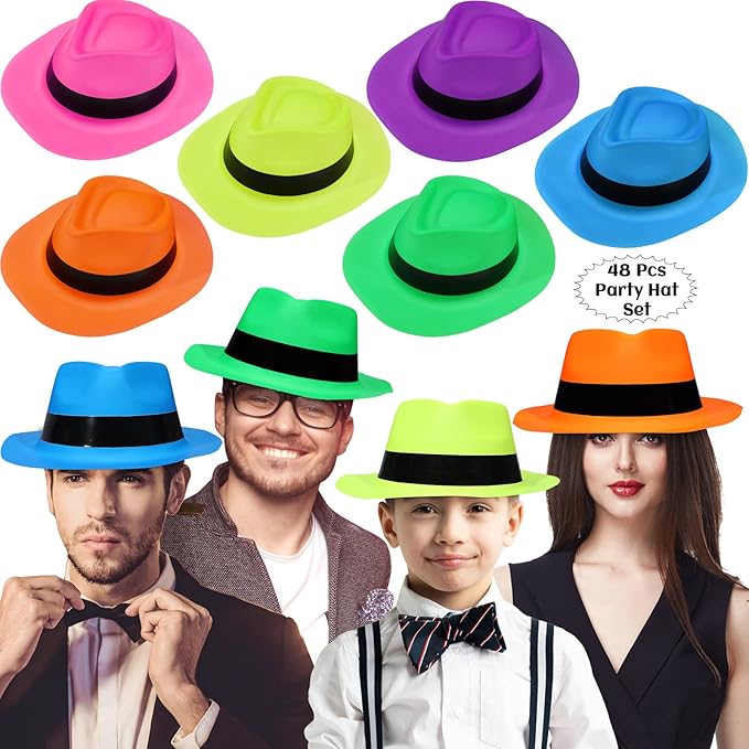 48 Pieces Neon Mafia Style Party Hats by Handepo