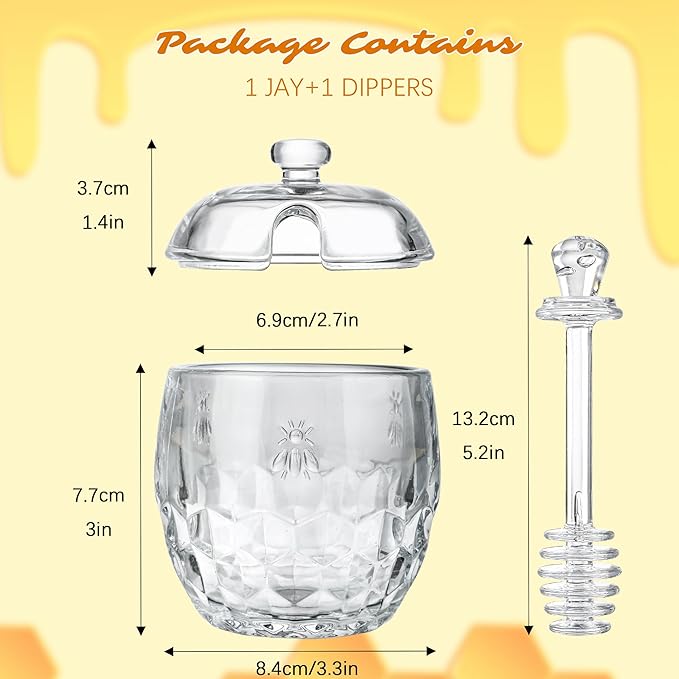 kanpura Honey Pot with Dipper and Lid Glass Honey Jar with Dipper Wide Mouth - Image 5