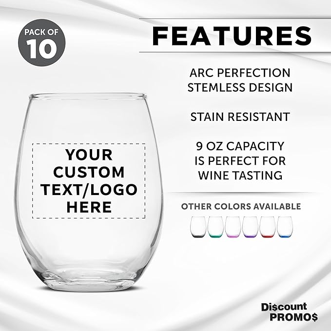 Custom Stemless Wine Glass 9 oz. Set of 10, Personalized Bulk Pack - Image 2