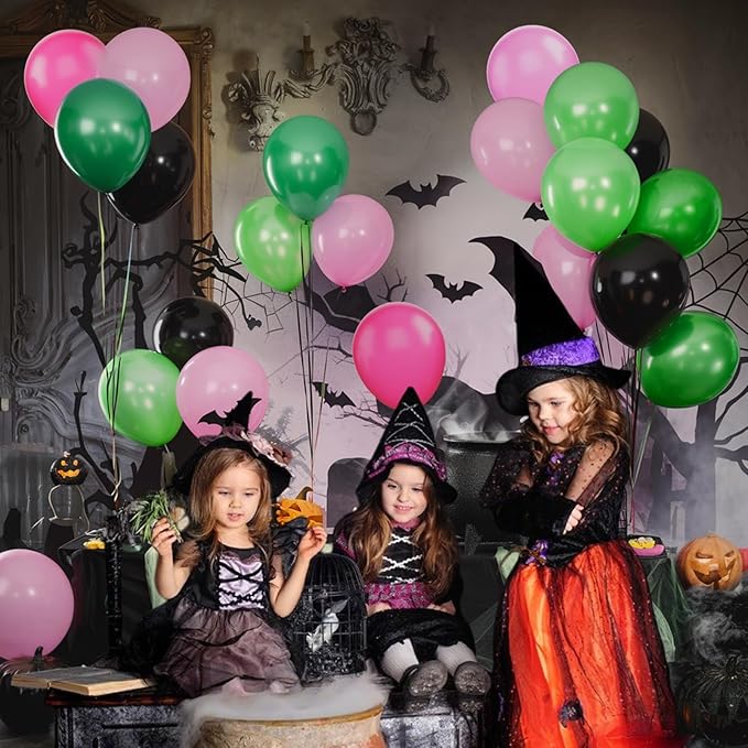 Black and Pink Green Balloons, 12 Inch Hot Pink Dark Light Green Black Latex - Image 8