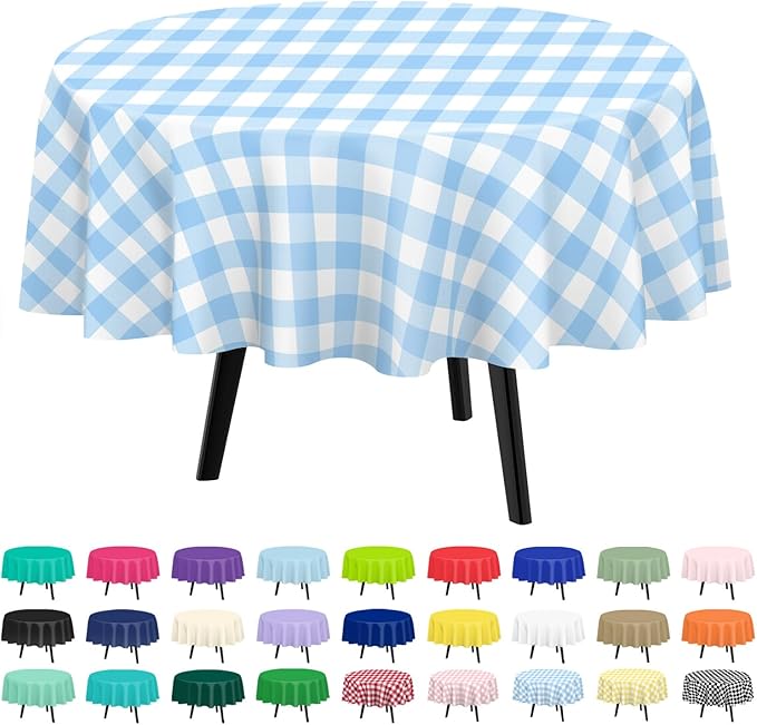 QIKSION Blue Gingham Round Tablecloth 6 Pack, 84 Inch Plastic Checkered Table by QIKSION