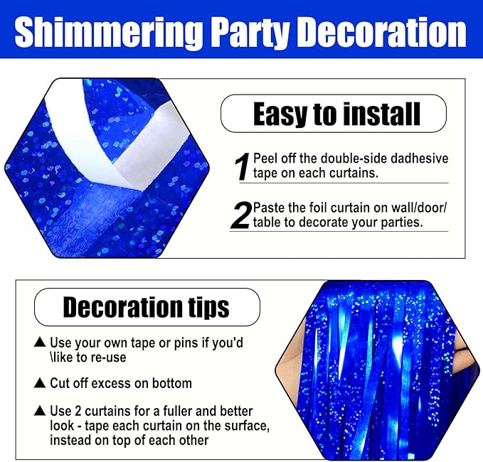 3 Pack Blue Foil Fringe Curtain Backdrop, 3.28Ft x 8.2Ft Metallic Tinsel Foil - Image 3