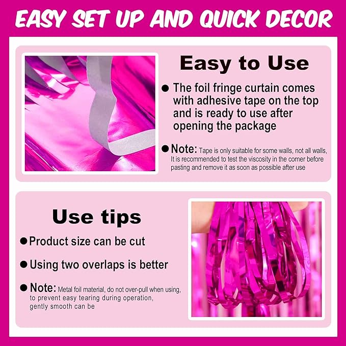 3 Pack Fuchsia Foil Fringe Curtains Backdrop, 3.28 x 9.8 Ft Metallic Streamers - Image 3
