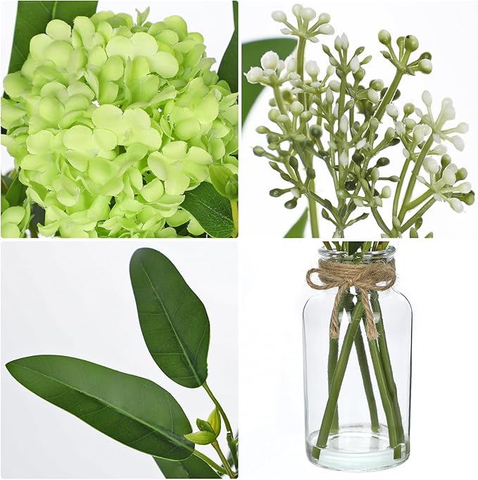 Hollyone Green Hydrangea Artificial Flowers in Clear Glass Vase - Image 3