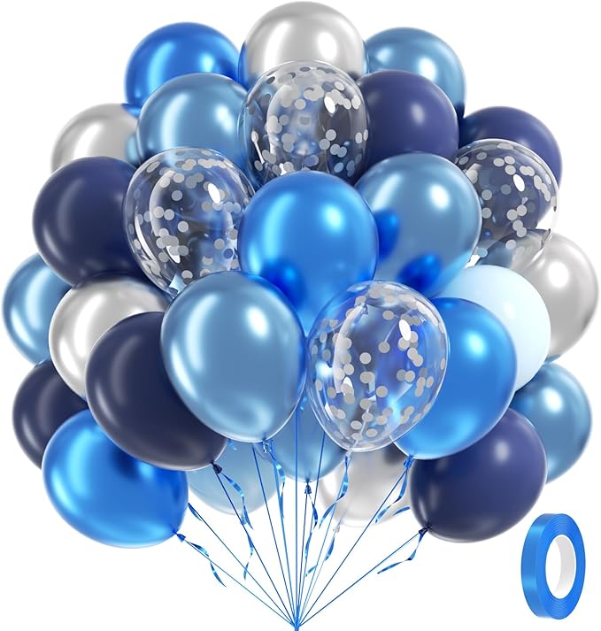 60pcs Blue and Silver Balloons 12inch by Awenztech