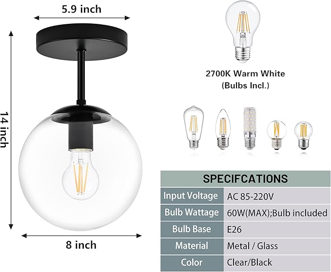 Globe Semi Flush Mount Ceiling Light, Mid Century Modern Light Fixture Ceiling - Image 3