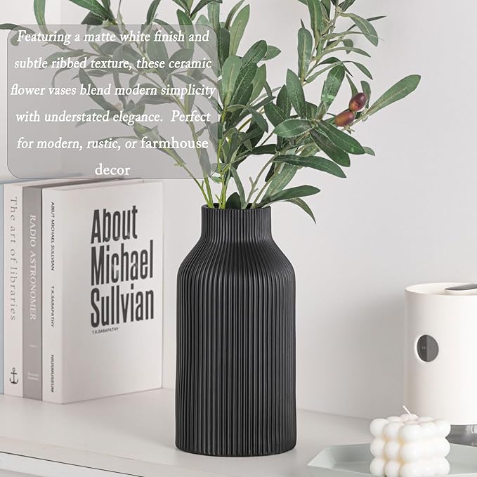 10 Inch Black Ceramic Vase for Decor, Minimalist Modern Home Decorative Large - Image 2