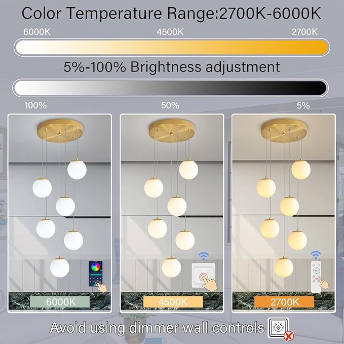 H 87in Globe Pendant Light 6-Lights Modern Hanging Chandelier - Image 4