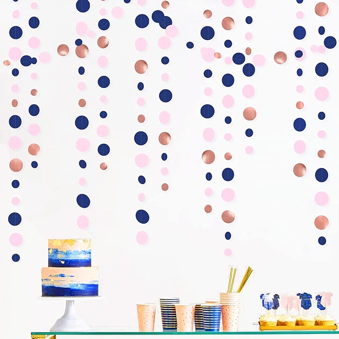 46Ft Navy Blue Blush Circle Dot Garland Royal Blue Pink Rose Gold Hanging Paper by pinkblume