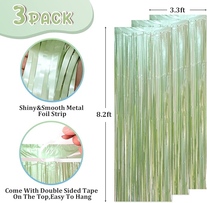 3 Pack 3.3 x 8.2 ft Sage Green Foil Fringe Backdrop Curtains, Tinsel Streamers - Image 2