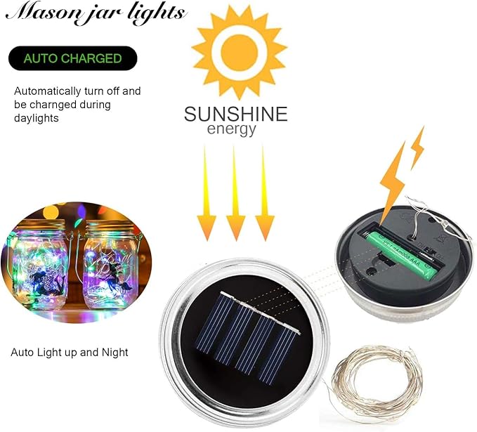 VOOKRY 12 Pack Solar Mason Jar Lights, 30 LED Mason Jar Lids Waterproof Firefly - Image 3