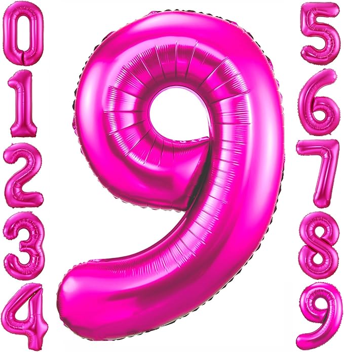 Hot Pink 9 Balloon, 40 Inch Number 9 Balloon, 9 Birthday Balloon Decorations by BBPOOL