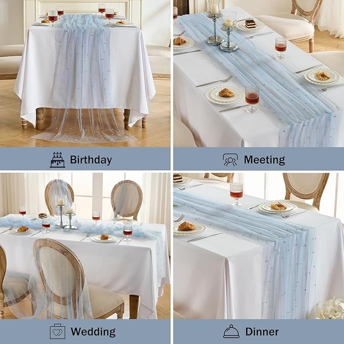 Fanami 3 Pack Pearl Table Runner -10FT Dusty Blue Boho Tulle Table Runners 120 - Image 6
