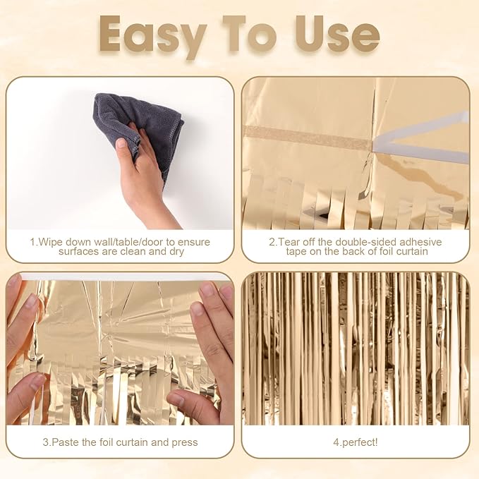 4 Pack Champagne Foil Fringe Backdrop Curtains, Tinsel Streamers Birthday Party - Image 4